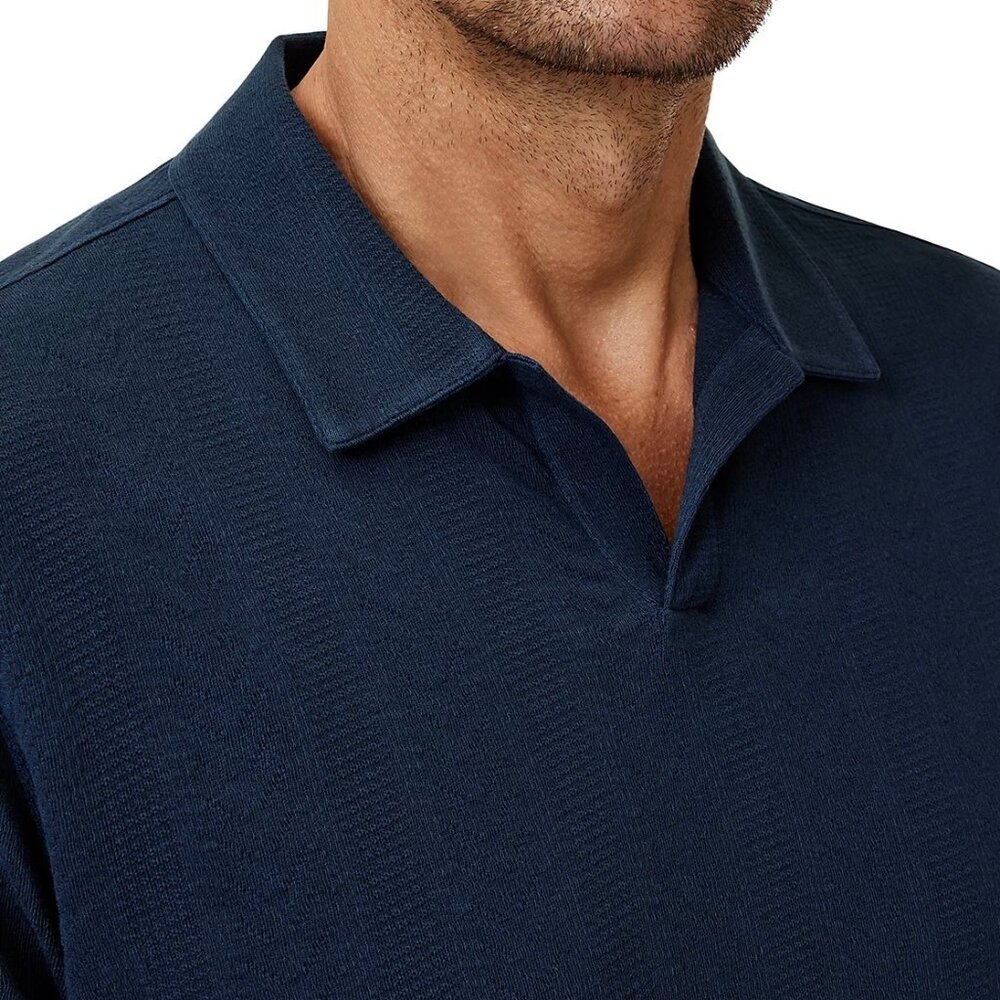 John Varvatos Men's Zion Jacquard Textured Open Collar SS Polo Shirt Deep Blue - Picture 2 of 8